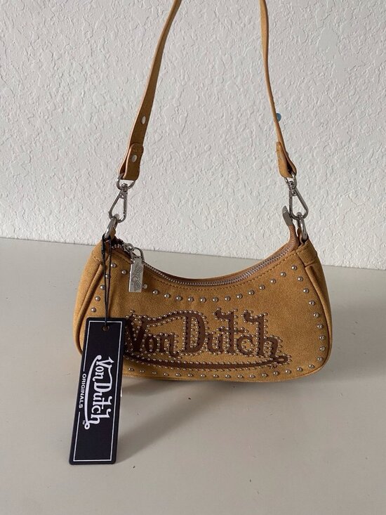 Von Dutch Handbags - Von Dutch Tan Brown Suede Crescent Shoulder Bag Studded Logo Zip NEW